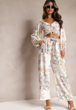 Biały 2-częściowy Komplet Bluzka z Długim Rękawem Szerokie Spodnie z Gumką w Pasie w Kwiaty Calaq