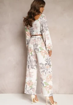 Biały 2-częściowy Komplet Bluzka z Długim Rękawem Szerokie Spodnie z Gumką w Pasie w Kwiaty Calaq