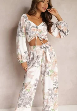 Biały 2-częściowy Komplet Bluzka z Długim Rękawem Szerokie Spodnie z Gumką w Pasie w Kwiaty Calaq