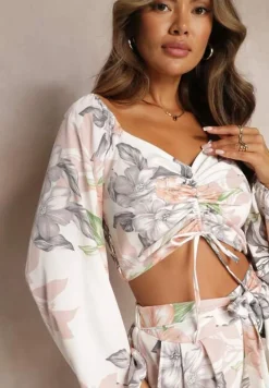 Biały 2-częściowy Komplet Bluzka z Długim Rękawem Szerokie Spodnie z Gumką w Pasie w Kwiaty Calaq