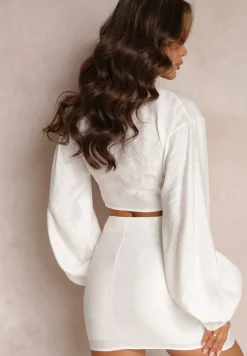 Biały 2-częściowy Komplet Casual z Bluzką i Spódnicą Mini Udekorowanych Wiązaniem Beasia