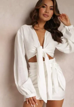 Biały 2-częściowy Komplet Casual z Bluzką i Spódnicą Mini Udekorowanych Wiązaniem Beasia