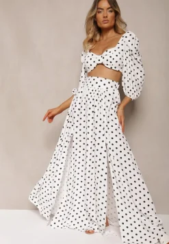 Biały 2-Częściowy Komplet w Kropki Krótki Top z Dekoltem Spódnica z Gumką w Talii Wandrea