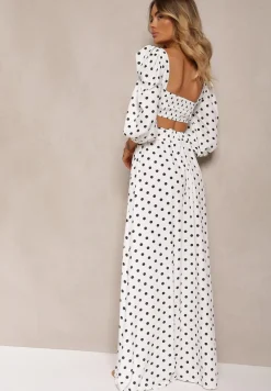 Biały 2-Częściowy Komplet w Kropki Krótki Top z Dekoltem Spódnica z Gumką w Talii Wandrea