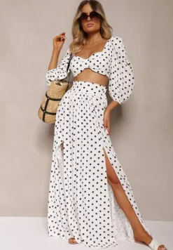 Biały 2-Częściowy Komplet w Kropki Krótki Top z Dekoltem Spódnica z Gumką w Talii Wandrea