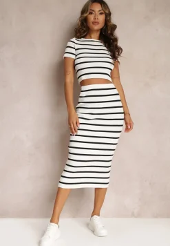 Biały 2-częściowy Komplet w Paski Top z Krótkimi Rękawami i Spódnica z Gumką w Pasie Viale