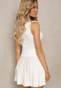 Biały 2-Częściowy Komplet w Prążki z Ozdobnymi Kwiatami Top i Spódnica Lailawia