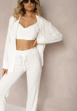 Biały 2-częściowy Komplet z Koszulą i Spodniami Zdobionymi Delikatnym Tłoczeniem Jaila