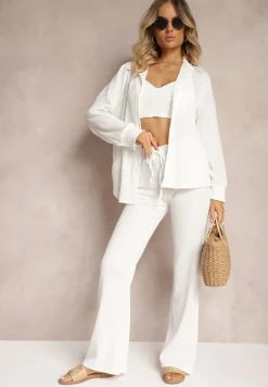 Biały 2-częściowy Komplet z Koszulą i Spodniami Zdobionymi Delikatnym Tłoczeniem Jaila