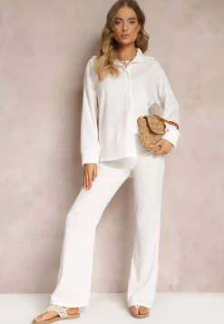 Biały 2-częściowy Komplet z Koszulą i Spodniami Zdobionymi Delikatnym Tłoczeniem Jaila