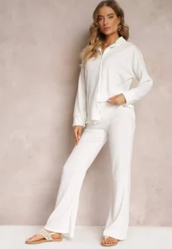 Biały 2-częściowy Komplet z Koszulą i Spodniami Zdobionymi Delikatnym Tłoczeniem Jaila