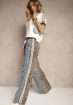 Biały Dresowy Komplet z Bawełny Spodnie i Bluzka z Panterką i Lampasami Eltebira