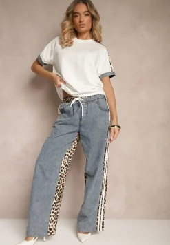 Biały Dresowy Komplet z Bawełny Spodnie i Bluzka z Panterką i Lampasami Eltebira