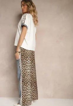 Biały Dresowy Komplet z Bawełny Spodnie i Bluzka z Panterką i Lampasami Eltebira