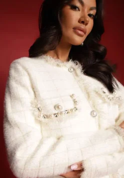 Biały Długi Kardigan z Wiskozy z Metaliczną Nicią i Ozdobnymi Guziczkami Lioriage