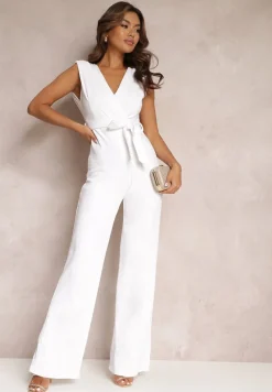 Biały Długi Kombinezon Wiązany w Pasie z Guzikami Na Ramionach Amile