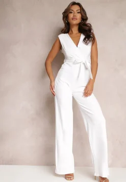 Biały Długi Kombinezon Wiązany w Pasie z Guzikami Na Ramionach Amile