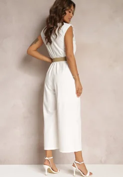 Biały Długi Kombinezon z Trójkątnym Dekoltem i Ozdobnym Paskiem z Klamrą Malkah
