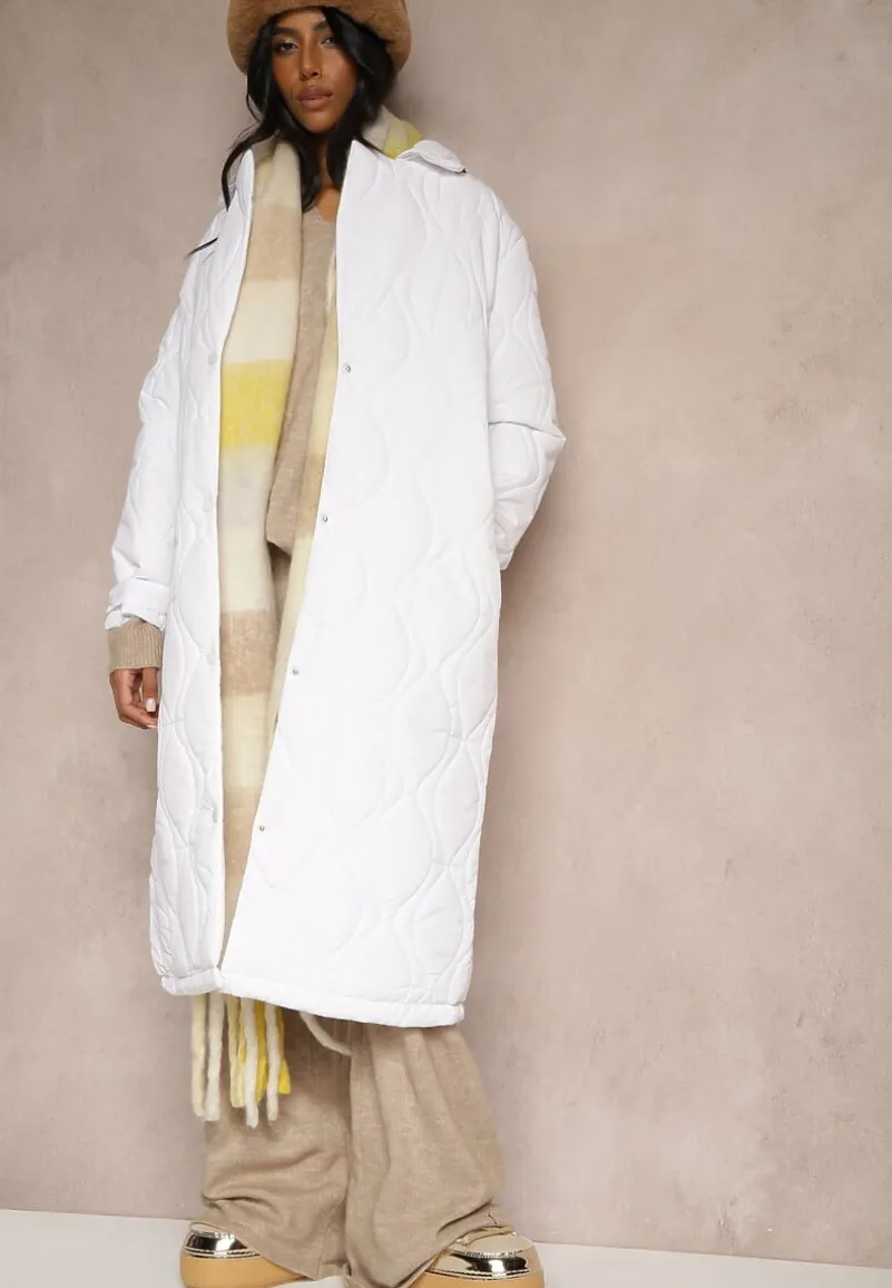 Biały Długi Płaszcz Kurtka Ozdobiona Pikowaniem Hamid