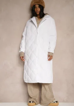 Biały Długi Płaszcz Kurtka Ozdobiona Pikowaniem Hamid