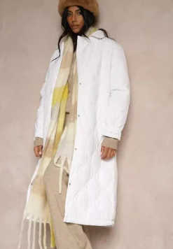 Biały Długi Płaszcz Kurtka Ozdobiona Pikowaniem Hamid