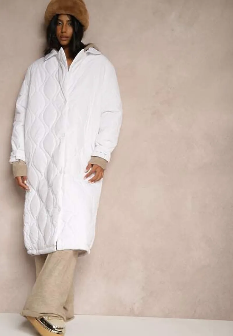 Biały Długi Płaszcz Kurtka Ozdobiona Pikowaniem Hamid