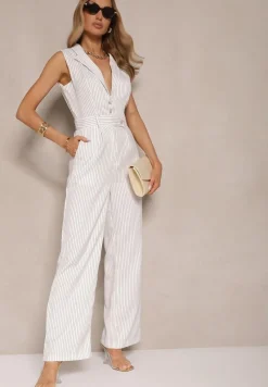 Biały Elegancki Kombinezon Garniturowy w Delikatne Prążki Sarilva