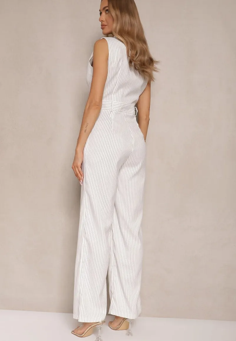 Biały Elegancki Kombinezon Garniturowy w Delikatne Prążki Sarilva