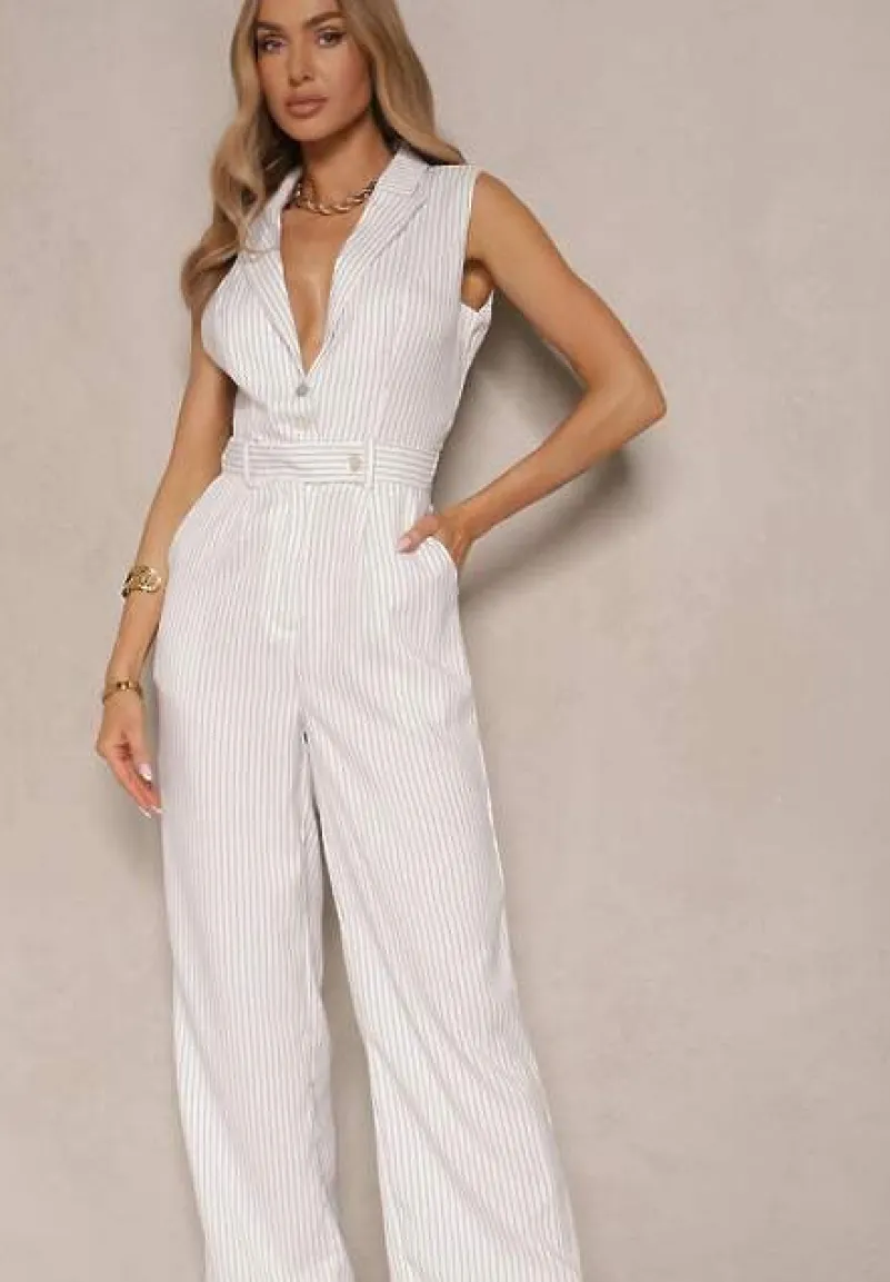 Biały Elegancki Kombinezon Garniturowy w Delikatne Prążki Sarilva