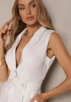 Biały Elegancki Kombinezon Garniturowy w Delikatne Prążki Sarilva