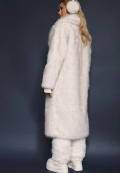 Biały Elegancki Płaszcz z Miękkiego Futra z Wsuwanymi Kieszeniami Inatrella