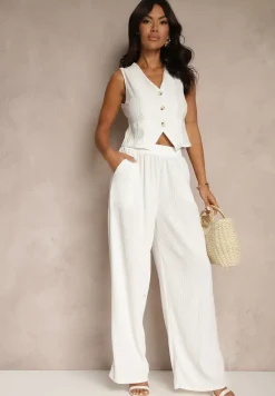 Biały Garniturowy Komplet z Kamizelką i Szerokimi Spodniami Filondia
