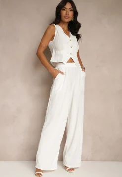 Biały Garniturowy Komplet z Kamizelką i Szerokimi Spodniami Filondia