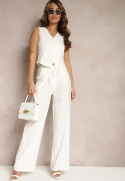 Biały Garniturowy Komplet Kamizelka i Proste Spodnie High Waist Nithriella