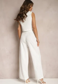 Biały Garniturowy Komplet w Delikatne Prążki z Kamizelką i Luźnymi Spodniami Paliera