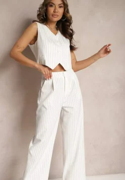 Biały Garniturowy Komplet w Delikatne Prążki z Kamizelką i Luźnymi Spodniami Paliera