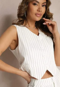 Biały Garniturowy Komplet w Delikatne Prążki z Kamizelką i Luźnymi Spodniami Paliera