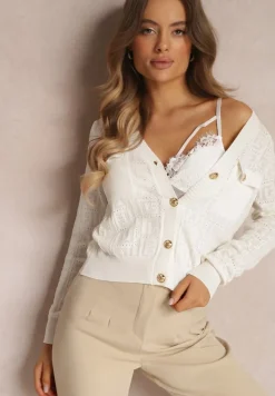 Biały Kardigan na Guziki w Geometryczny Wzór Zilfe