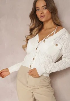 Biały Kardigan na Guziki w Geometryczny Wzór Zilfe