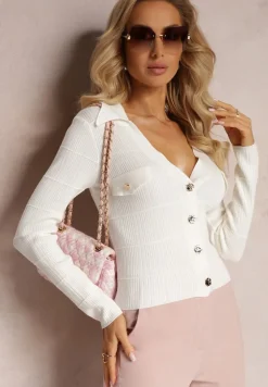 Biały Kardigan na Guziki z Trójkątnym Dekoltem Emlina