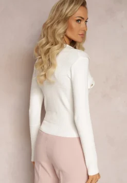 Biały Kardigan na Guziki z Trójkątnym Dekoltem Emlina