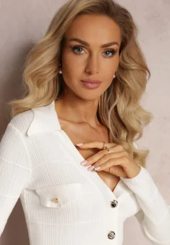 Biały Kardigan na Guziki z Trójkątnym Dekoltem Emlina