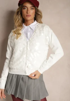 Biały Kardigan na Guziki z Wiskozą i Cekinami Evelith