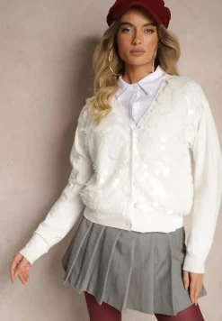 Biały Kardigan na Guziki z Wiskozą i Cekinami Evelith