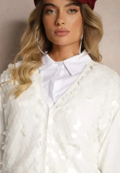 Biały Kardigan na Guziki z Wiskozą i Cekinami Evelith