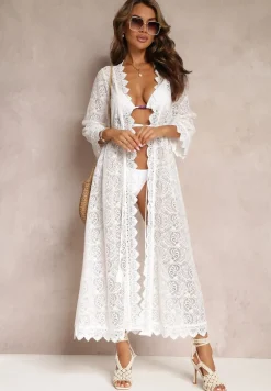 Biały Kardigan Narzutka z Koronki w Stylu Boho z Wiązaniem Lilja