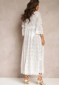 Biały Kardigan Narzutka z Koronki w Stylu Boho z Wiązaniem Lilja