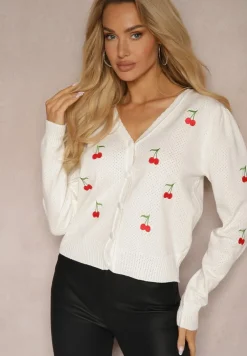 Biały Kardigan Ozdobiony Haftem w Kształcie Wisienek Nirinia