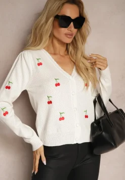 Biały Kardigan Ozdobiony Haftem w Kształcie Wisienek Nirinia