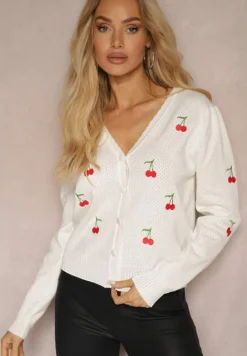Biały Kardigan Ozdobiony Haftem w Kształcie Wisienek Nirinia